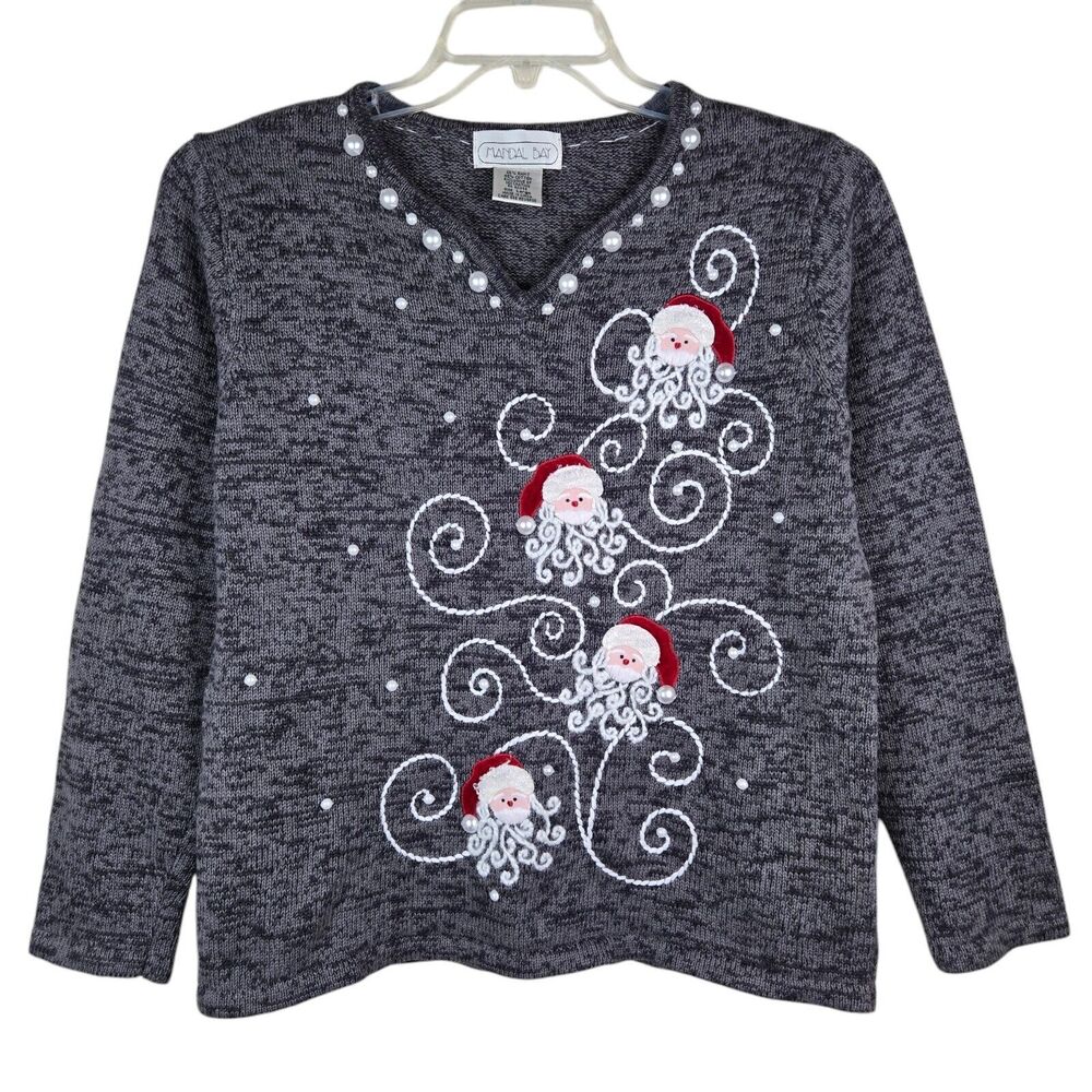 Mandal Bay Women’s Sz L Christmas Santa Claus Sweater Gray V Neck Beaded